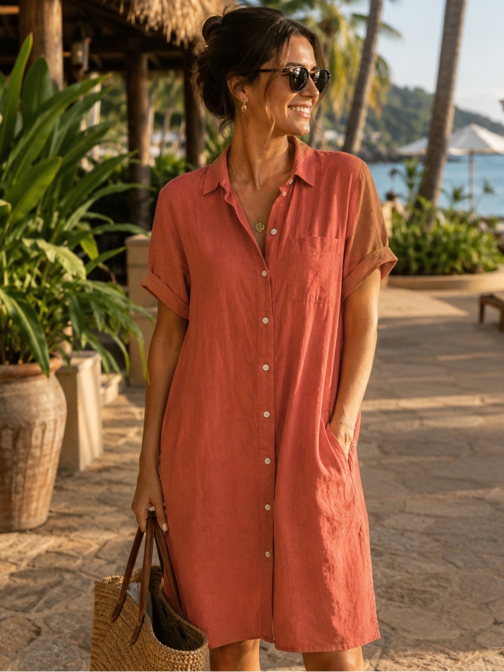 Old Navy Linen Blend Shirt Dress Button-Up Pockets Terracotta Size M Coastal